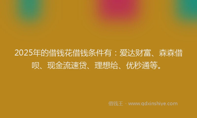 2025年的借钱花借钱条件有：爱达财富、森森借呗、现金流速贷、理想给、优秒通等。