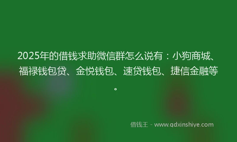 2025年的借钱求助微信群怎么说有：小狗商城、福禄钱包贷、金悦钱包、速贷钱包、捷信金融等。