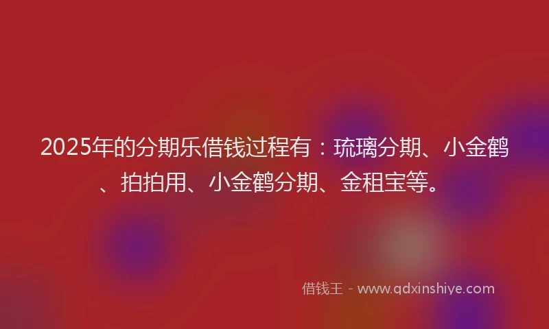 2025年的分期乐借钱过程有：琉璃分期、小金鹤、拍拍用、小金鹤分期、金租宝等。