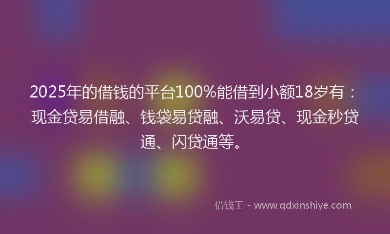 2025年的借钱的平台100%能借到小额18岁有：现金贷易借融、钱袋易贷融、沃易贷、现金秒贷通、闪贷通等。