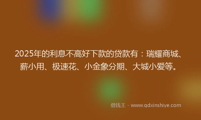 2025年的利息不高好下款的贷款有：瑞耀商城、薪小用、极速花、小金象分期、大城小爱等。