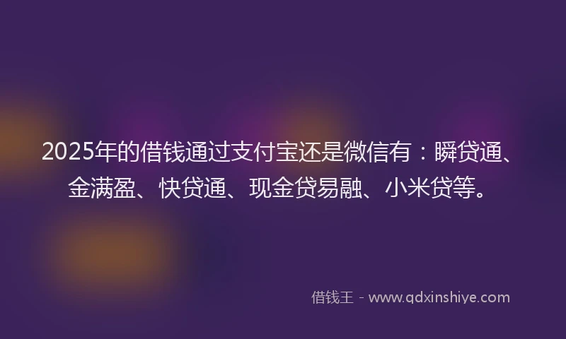 2025年的借钱通过支付宝还是微信有：瞬贷通、金满盈、快贷通、现金贷易融、小米贷等。