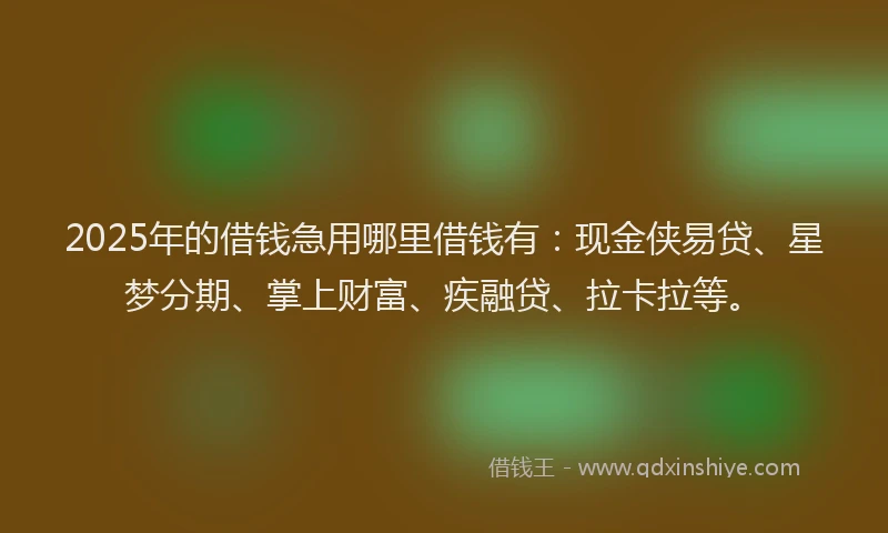 2025年的借钱急用哪里借钱有：现金侠易贷、星梦分期、掌上财富、疾融贷、拉卡拉等。