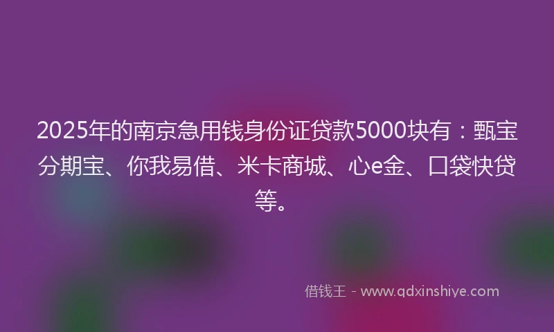 2025年的南京急用钱身份证贷款5000块有：甄宝分期宝、你我易借、米卡商城、心e金、口袋快贷等。