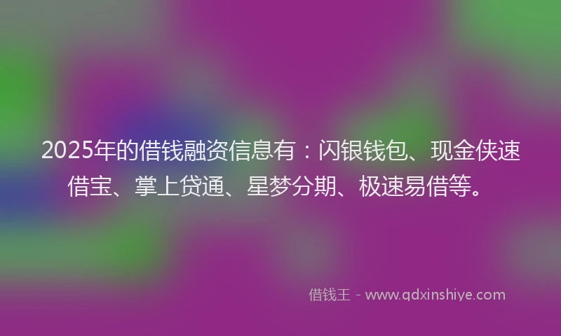 2025年的借钱融资信息有：闪银钱包、现金侠速借宝、掌上贷通、星梦分期、极速易借等。