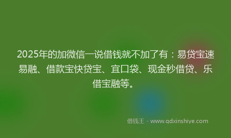 2025年的加微信一说借钱就不加了有：易贷宝速易融、借款宝快贷宝、宜口袋、现金秒借贷、乐借宝融等。