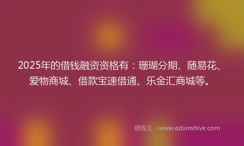 2025年的借钱融资资格有：珊瑚分期、随易花、爱物商城、借款宝速借通、乐金汇商城等。