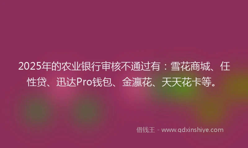 2025年的农业银行审核不通过有：雪花商城、任性贷、迅达Pro钱包、金瀛花、天天花卡等。
