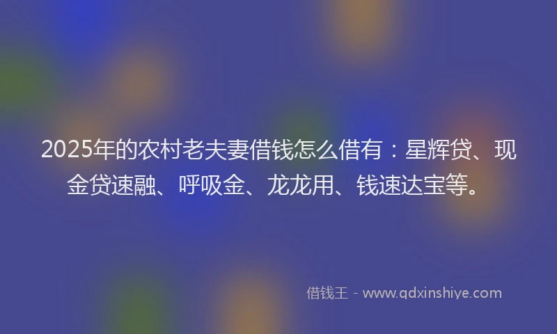 2025年的农村老夫妻借钱怎么借有：星辉贷、现金贷速融、呼吸金、龙龙用、钱速达宝等。