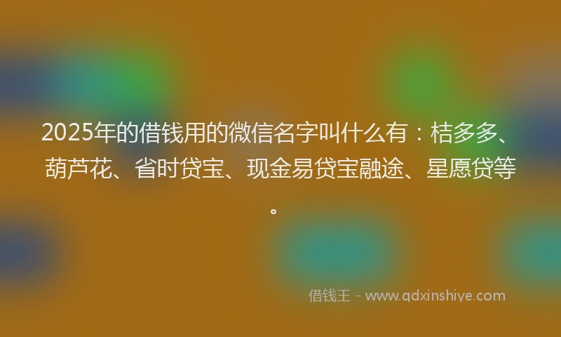 2025年的借钱用的微信名字叫什么有：桔多多、葫芦花、省时贷宝、现金易贷宝融途、星愿贷等。