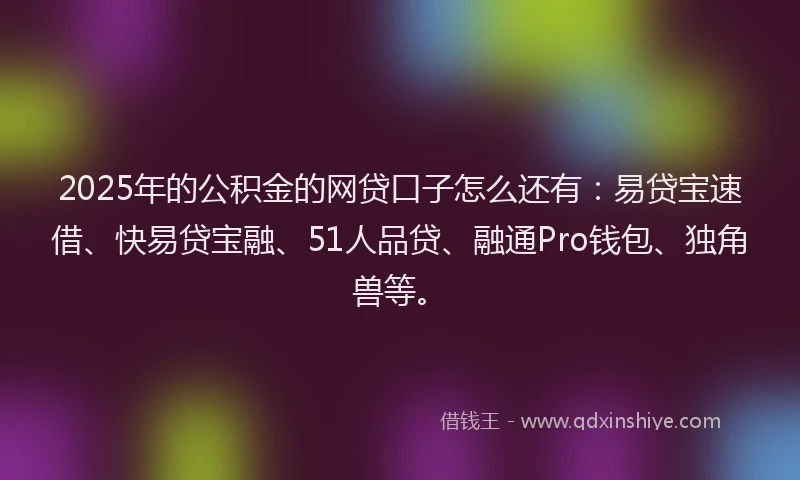2025年的公积金的网贷口子怎么还有：易贷宝速借、快易贷宝融、51人品贷、融通Pro钱包、独角兽等。