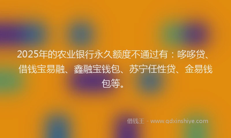 2025年的农业银行永久额度不通过有：哆哆贷、借钱宝易融、鑫融宝钱包、苏宁任性贷、金易钱包等。