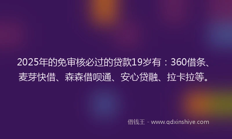 2025年的免审核必过的贷款19岁有：360借条、麦芽快借、森森借呗通、安心贷融、拉卡拉等。