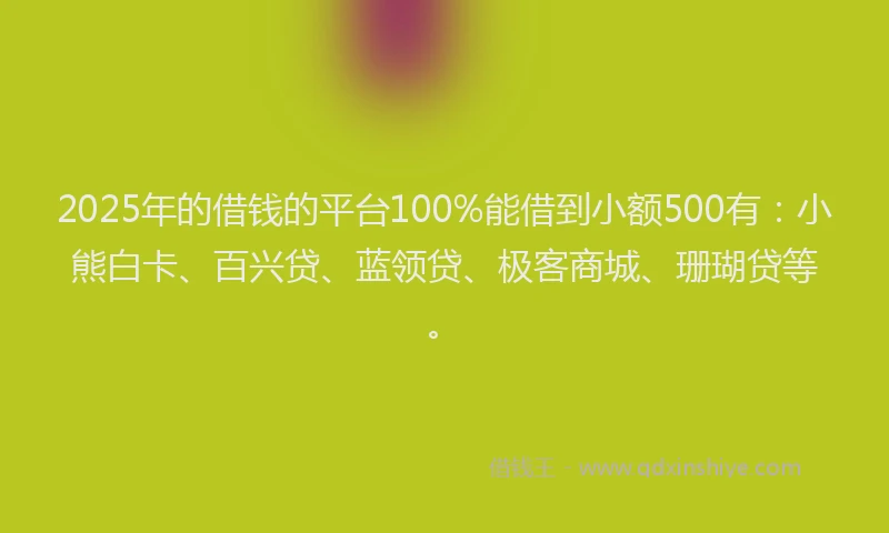 2025年的借钱的平台100%能借到小额500有：小熊白卡、百兴贷、蓝领贷、极客商城、珊瑚贷等。