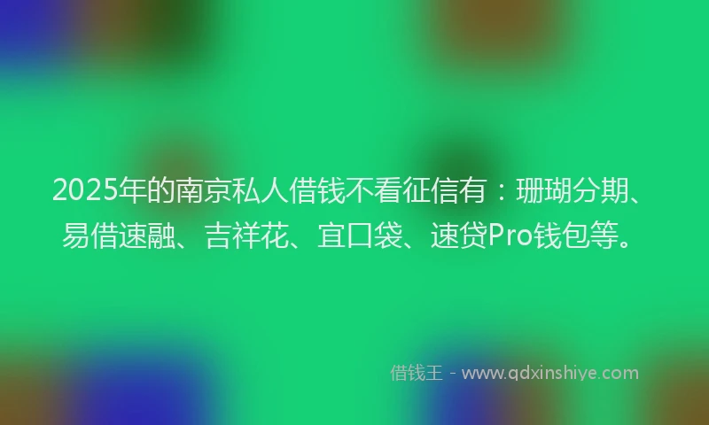 2025年的南京私人借钱不看征信有：珊瑚分期、易借速融、吉祥花、宜口袋、速贷Pro钱包等。