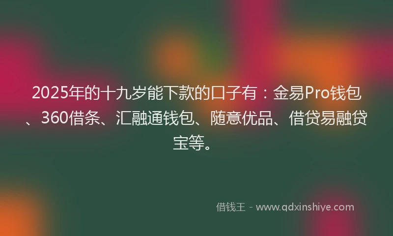 2025年的十九岁能下款的口子有：金易Pro钱包、360借条、汇融通钱包、随意优品、借贷易融贷宝等。