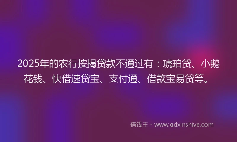 2025年的农行按揭贷款不通过有：琥珀贷、小鹅花钱、快借速贷宝、支付通、借款宝易贷等。