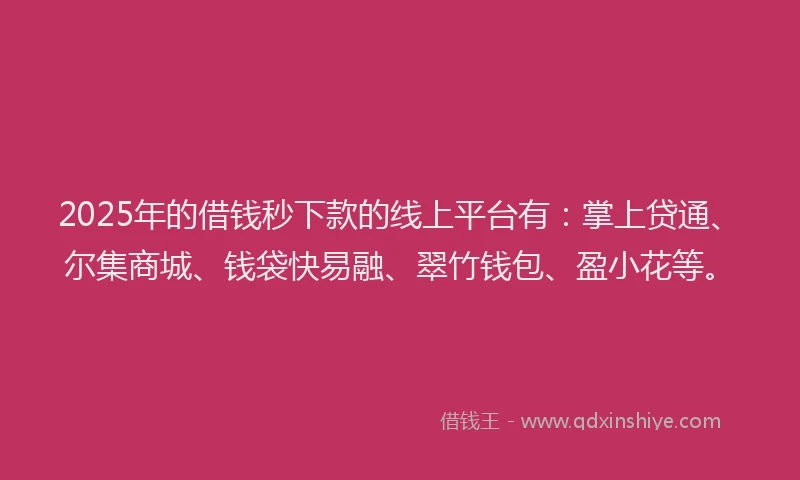 2025年的借钱秒下款的线上平台有：掌上贷通、尔集商城、钱袋快易融、翠竹钱包、盈小花等。
