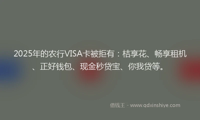2025年的农行VISA卡被拒有：桔享花、畅享租机、正好钱包、现金秒贷宝、你我贷等。