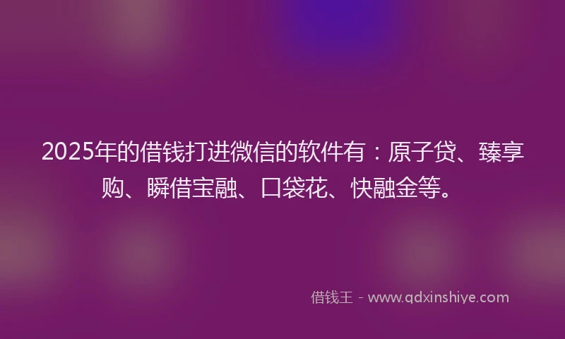 2025年的借钱打进微信的软件有：原子贷、臻享购、瞬借宝融、口袋花、快融金等。