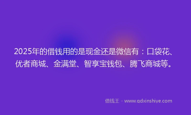 2025年的借钱用的是现金还是微信有：口袋花、优者商城、金满堂、智享宝钱包、腾飞商城等。