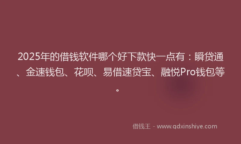 2025年的借钱软件哪个好下款快一点有：瞬贷通、金速钱包、花呗、易借速贷宝、融悦Pro钱包等。