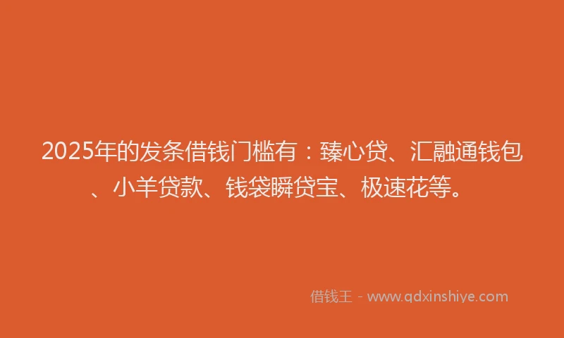 2025年的发条借钱门槛有：臻心贷、汇融通钱包、小羊贷款、钱袋瞬贷宝、极速花等。