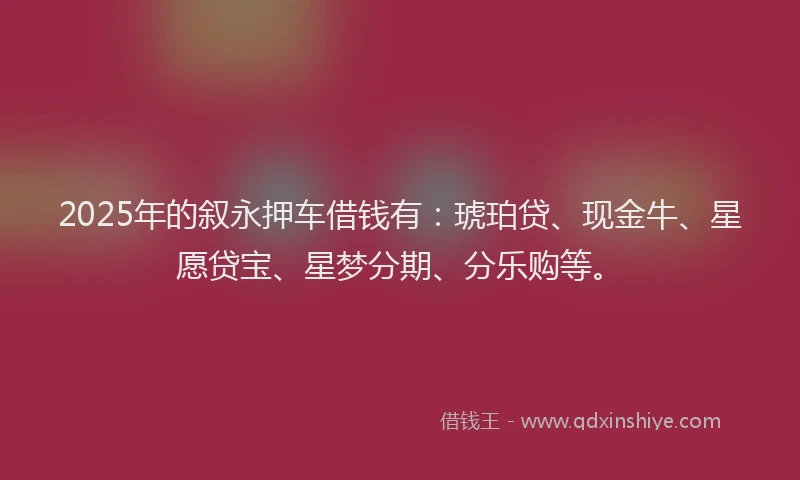 2025年的叙永押车借钱有：琥珀贷、现金牛、星愿贷宝、星梦分期、分乐购等。