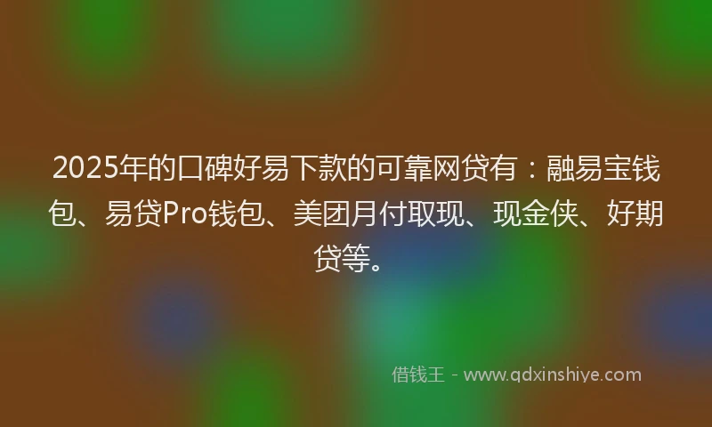 2025年的口碑好易下款的可靠网贷有：融易宝钱包、易贷Pro钱包、美团月付取现、现金侠、好期贷等。