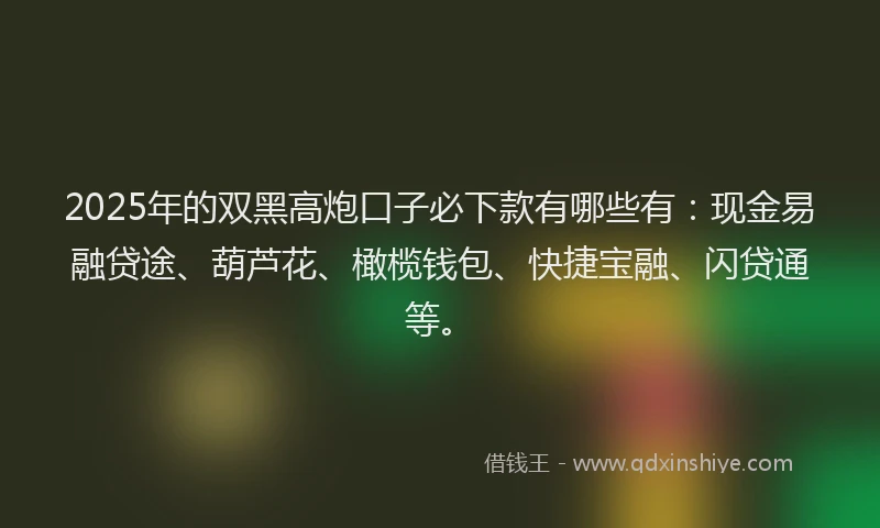 2025年的双黑高炮口子必下款有哪些有：现金易融贷途、葫芦花、橄榄钱包、快捷宝融、闪贷通等。
