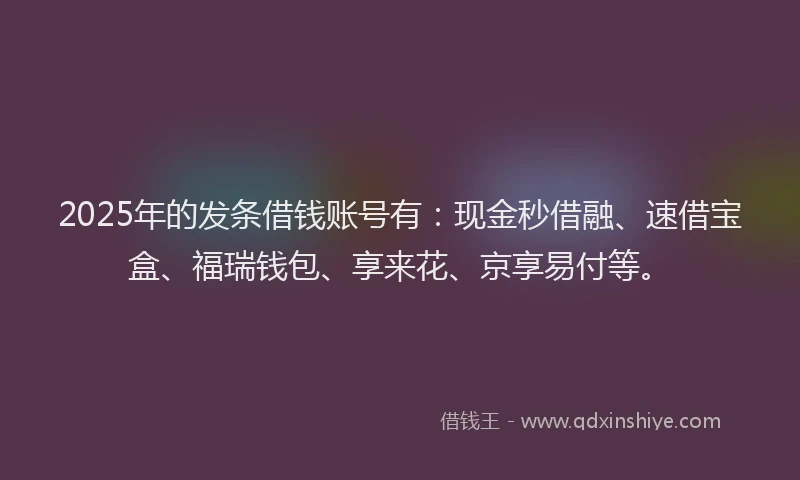 2025年的发条借钱账号有：现金秒借融、速借宝盒、福瑞钱包、享来花、京享易付等。