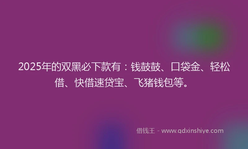 2025年的双黑必下款有：钱鼓鼓、口袋金、轻松借、快借速贷宝、飞猪钱包等。