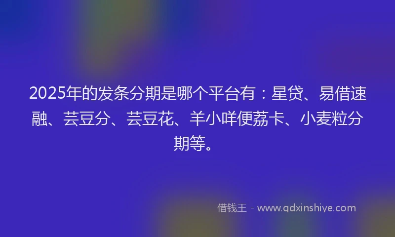 2025年的发条分期是哪个平台有：星贷、易借速融、芸豆分、芸豆花、羊小咩便荔卡、小麦粒分期等。