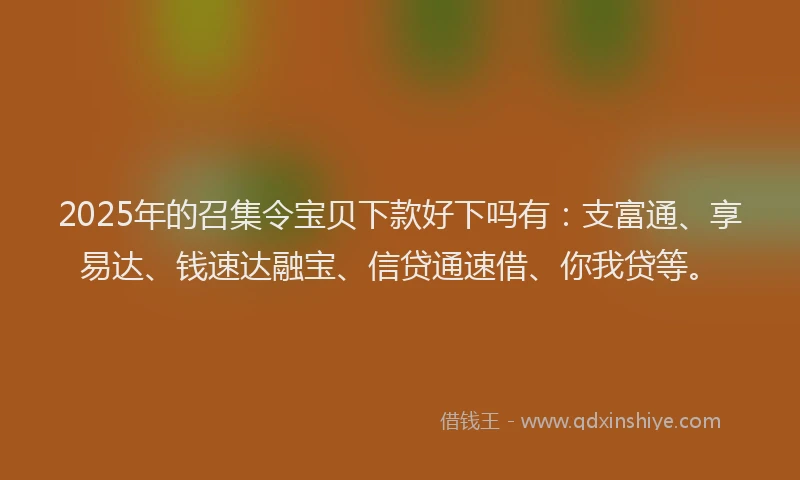 2025年的召集令宝贝下款好下吗有：支富通、享易达、钱速达融宝、信贷通速借、你我贷等。