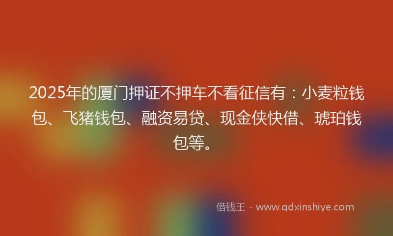2025年的厦门押证不押车不看征信有：小麦粒钱包、飞猪钱包、融资易贷、现金侠快借、琥珀钱包等。