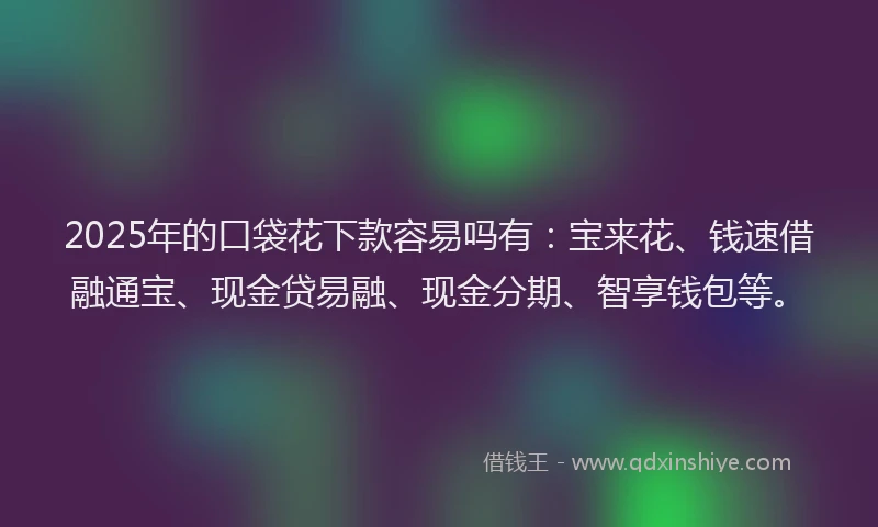 2025年的口袋花下款容易吗有：宝来花、钱速借融通宝、现金贷易融、现金分期、智享钱包等。