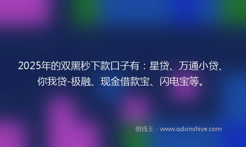 2025年的双黑秒下款口子有：星贷、万通小贷、你我贷-极融、现金借款宝、闪电宝等。