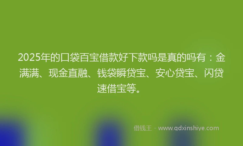 2025年的口袋百宝借款好下款吗是真的吗有：金满满、现金直融、钱袋瞬贷宝、安心贷宝、闪贷速借宝等。
