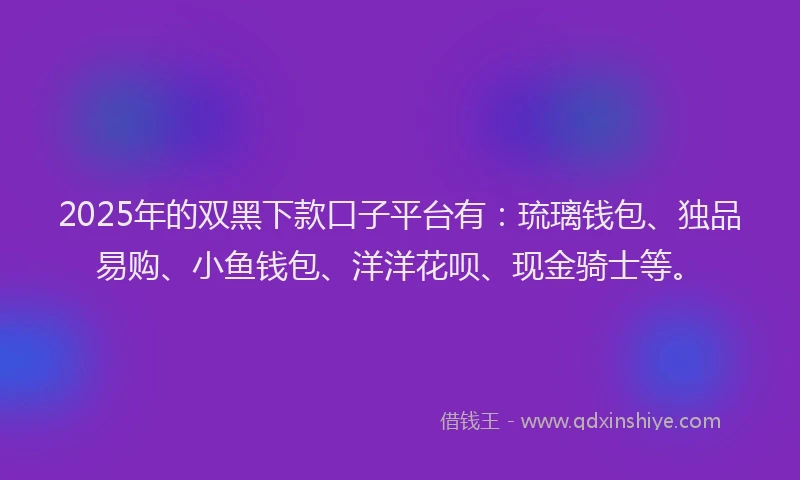 2025年的双黑下款口子平台有：琉璃钱包、独品易购、小鱼钱包、洋洋花呗、现金骑士等。