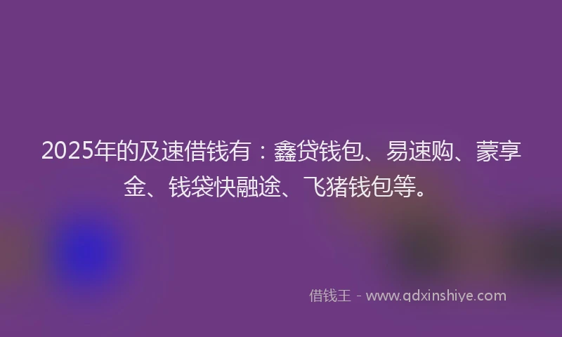 2025年的及速借钱有：鑫贷钱包、易速购、蒙享金、钱袋快融途、飞猪钱包等。