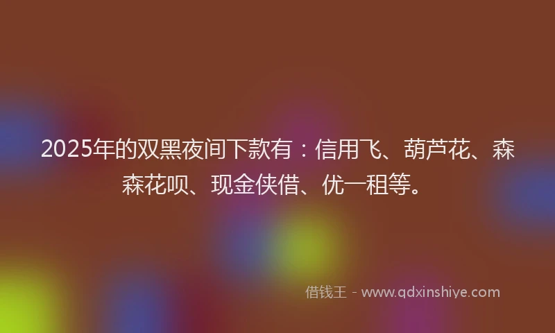 2025年的双黑夜间下款有：信用飞、葫芦花、森森花呗、现金侠借、优一租等。