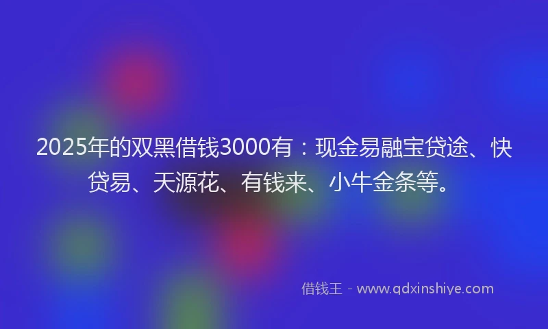 2025年的双黑借钱3000有：现金易融宝贷途、快贷易、天源花、有钱来、小牛金条等。