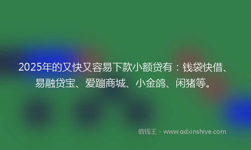 2025年的又快又容易下款小额贷有：钱袋快借、易融贷宝、爱蹦商城、小金鸽、闲猪等。