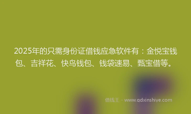 2025年的只需身份证借钱应急软件有：金悦宝钱包、吉祥花、快鸟钱包、钱袋速易、甄宝借等。