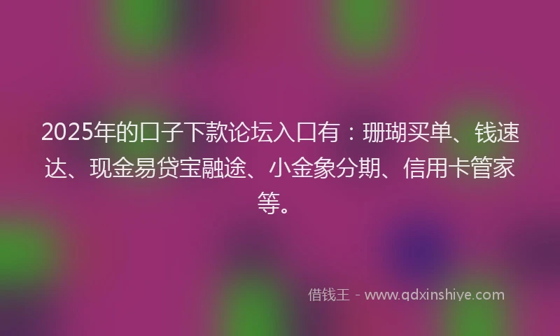 2025年的口子下款论坛入口有：珊瑚买单、钱速达、现金易贷宝融途、小金象分期、信用卡管家等。
