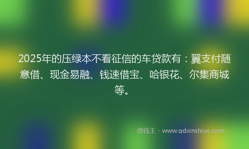 2025年的压绿本不看征信的车贷款有：翼支付随意借、现金易融、钱速借宝、哈银花、尔集商城等。