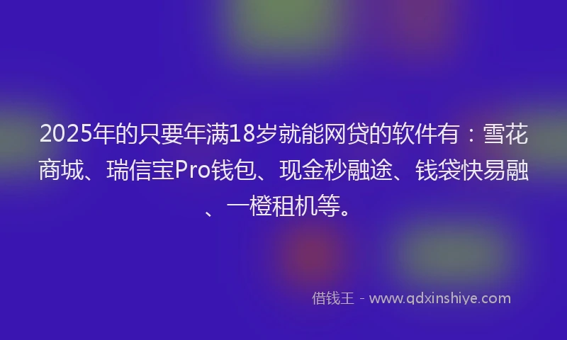 2025年的只要年满18岁就能网贷的软件有：雪花商城、瑞信宝Pro钱包、现金秒融途、钱袋快易融、一橙租机等。