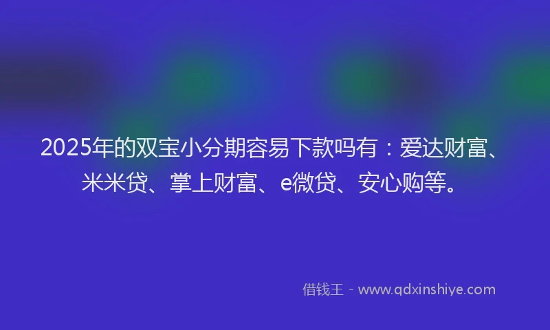 2025年的双宝小分期容易下款吗有：爱达财富、米米贷、掌上财富、e微贷、安心购等。