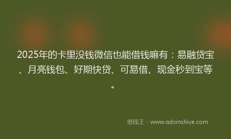2025年的卡里没钱微信也能借钱嘛有：易融贷宝、月亮钱包、好期快贷、可易借、现金秒到宝等。