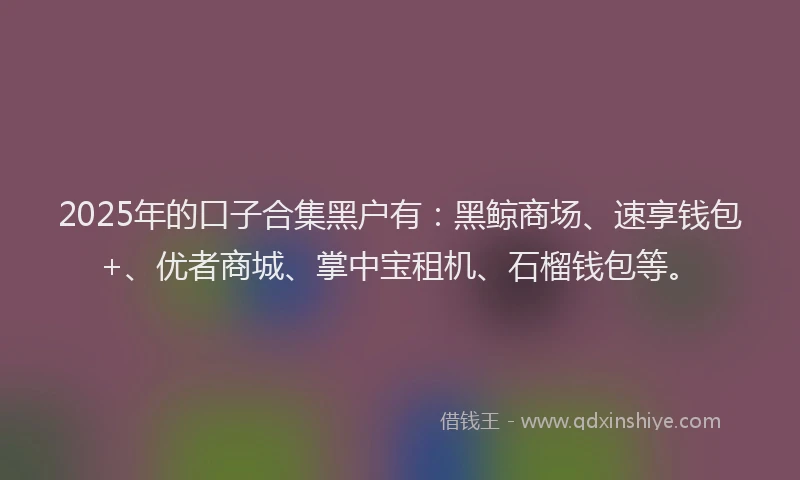 2025年的口子合集黑户有：黑鲸商场、速享钱包+、优者商城、掌中宝租机、石榴钱包等。